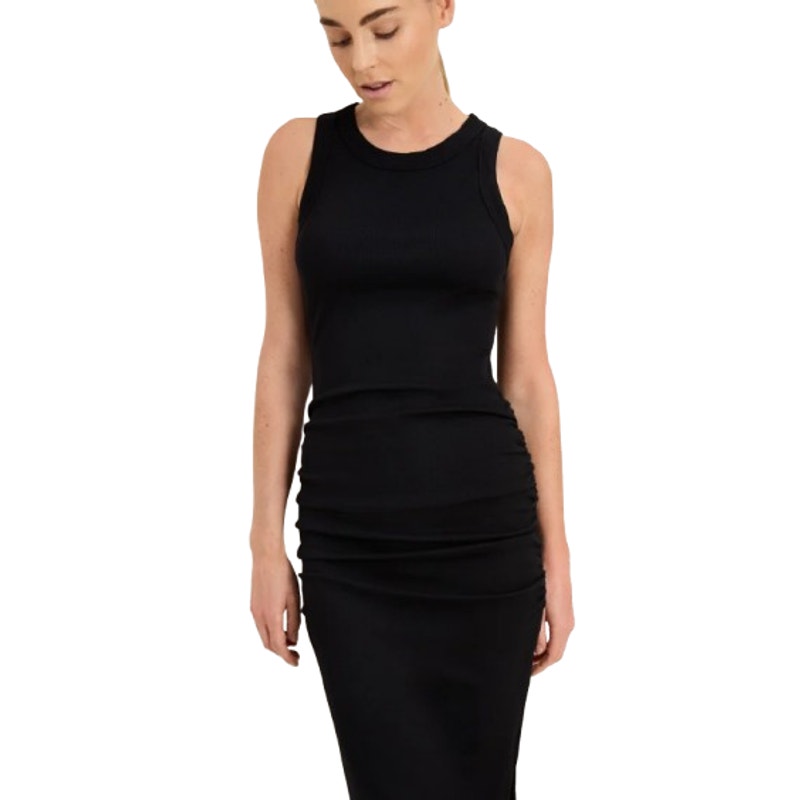 MICHAEL STARS Women's Wren Ribbed Midi Dress Large Black Stretch Sleeveless NWT