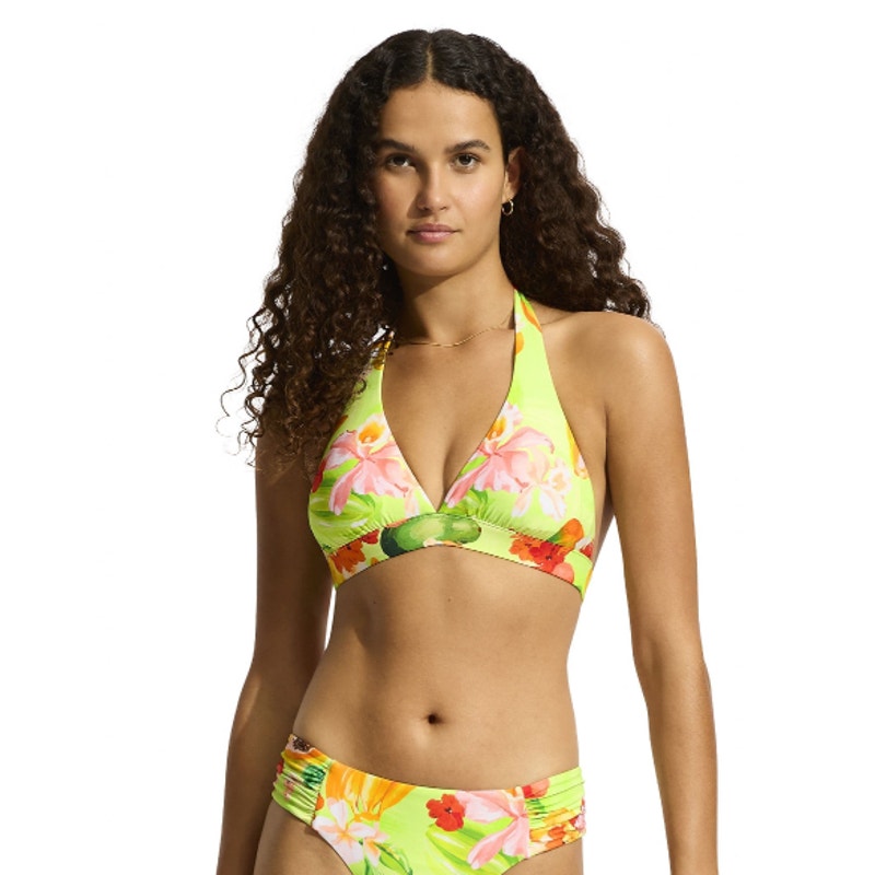 SEAFOLLY Women's Tropique Triangle Bikini Top Size 10 Green Floral Aloe Gel NWT