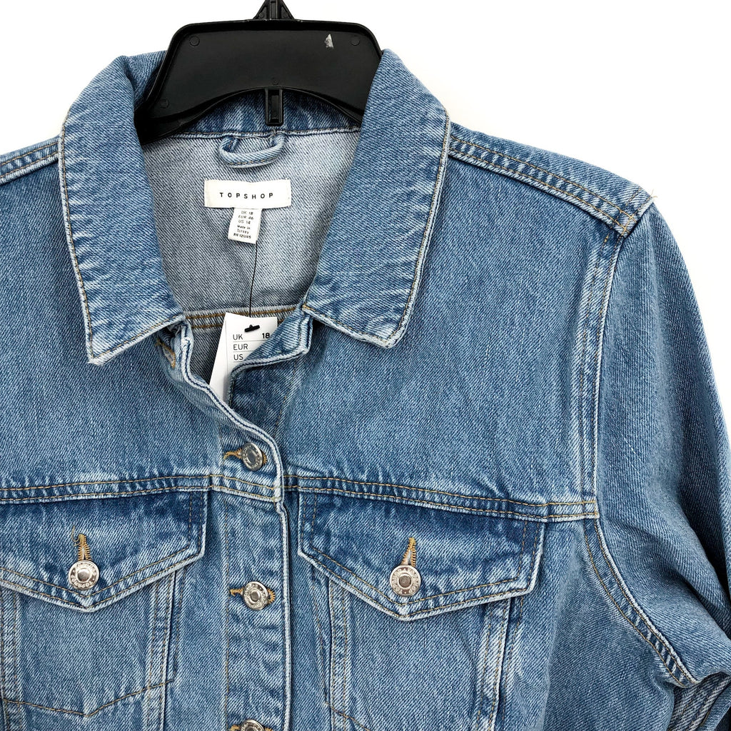 TOPSHOP Womens Cropped Denim Jacket Size 14 Blue Rigid Denim Raw Hem NWT