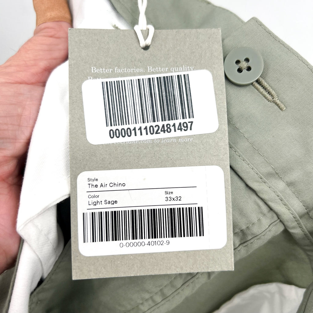 EVERLANE Mens Air Chino Pant 33x32 Sage Green Stretch Cotton Poplin Slim Fit NWT