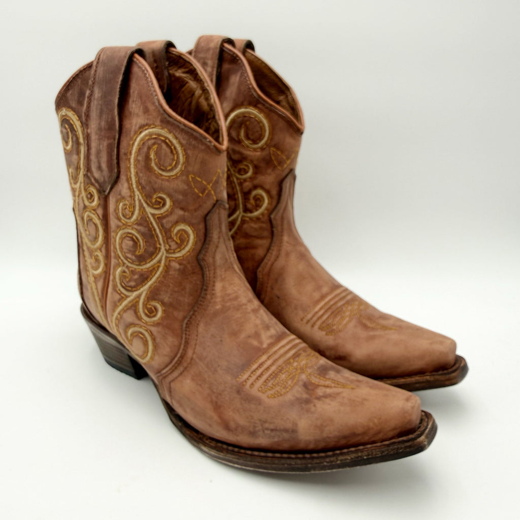 Circle G Women L6070 LD Bronze Ankle Boot US 7.5 M Brown Leather Embroidery NWOB