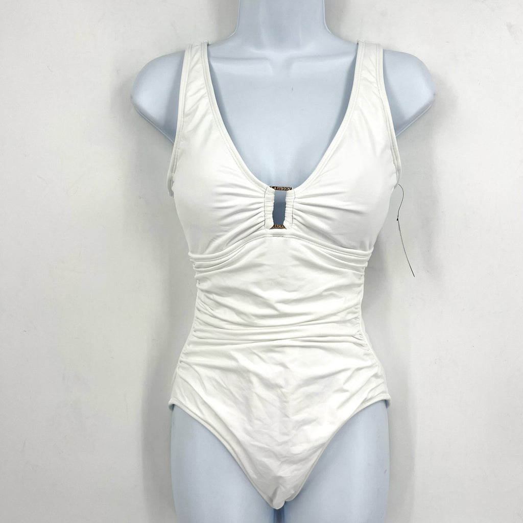 LAUREN RALPH LAUREN One Piece Swimsuit Size 8 White Beach Club Solid Ring NWT