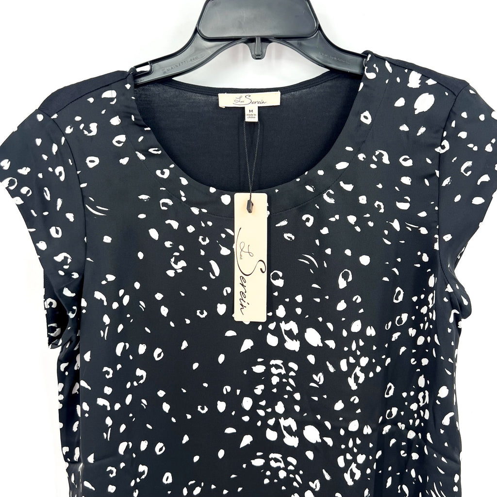 LES SEREIN Womens Speckled Short Sleeve Top Medium Black White Round Neck NWT