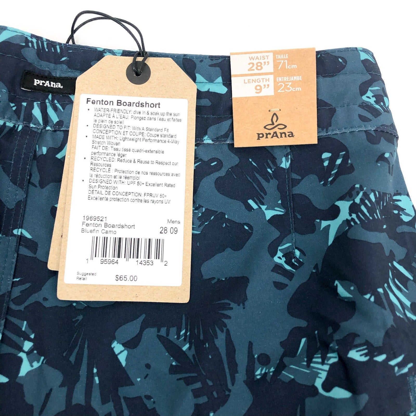 PRANA Men's Fenton Board Short Size 28 XS Bluefin Camo 9" Inseam UPF 50+ NWT