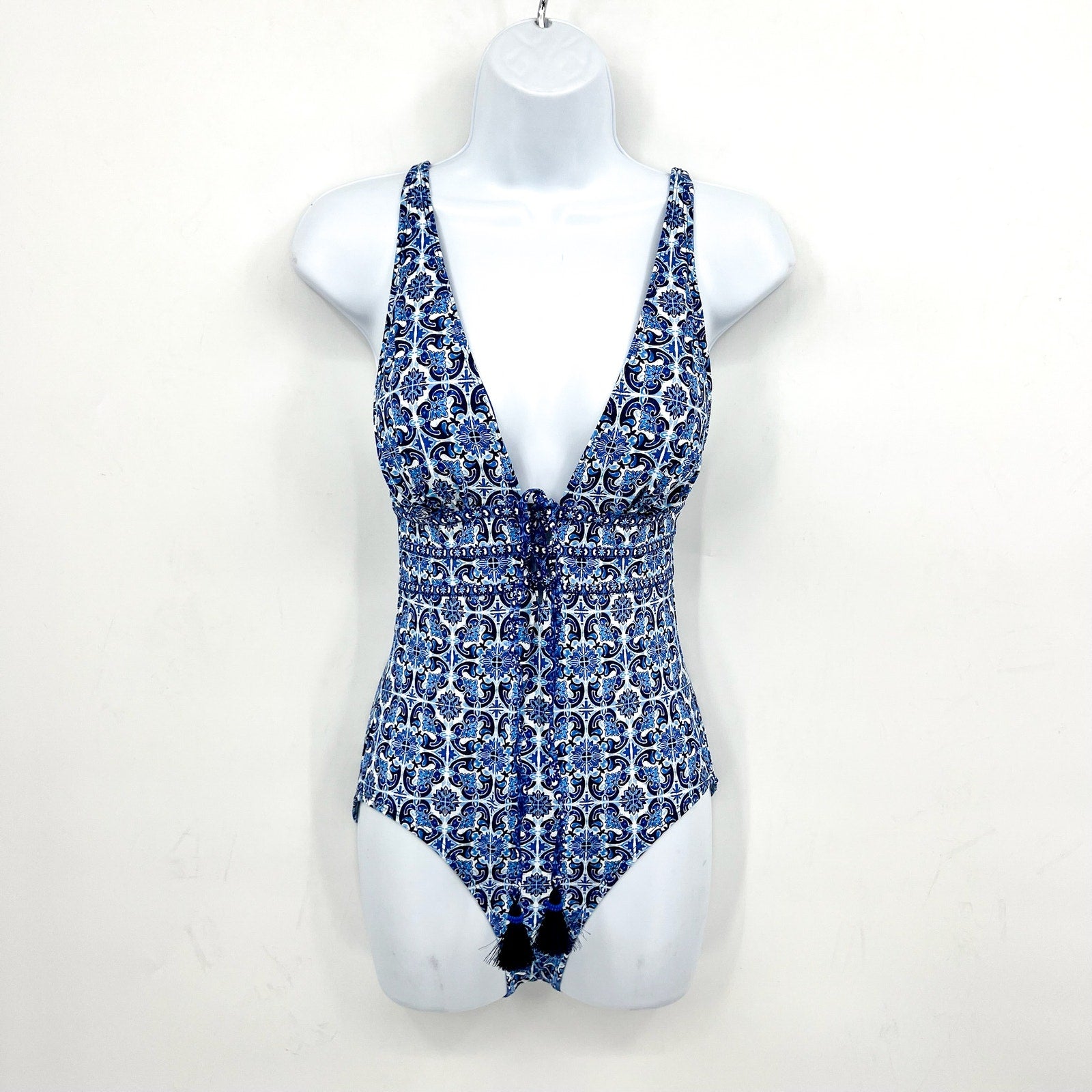 TOMMY BAHAMA Terrazzo Tile One-Piece Swimsuit Size 6 Palace Blue Tie-Front NWT