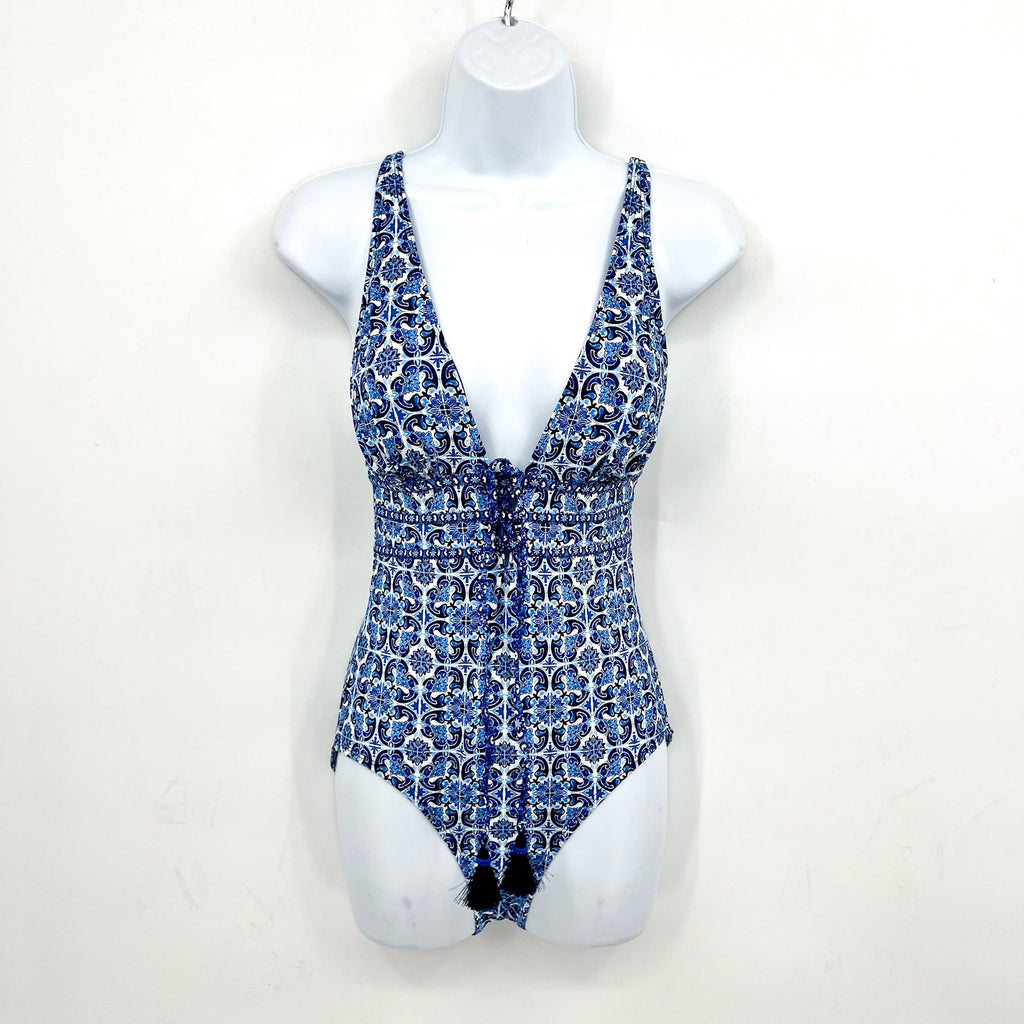 TOMMY BAHAMA Terrazzo Tile One-Piece Swimsuit Size 6 Palace Blue Tie-Front NWT
