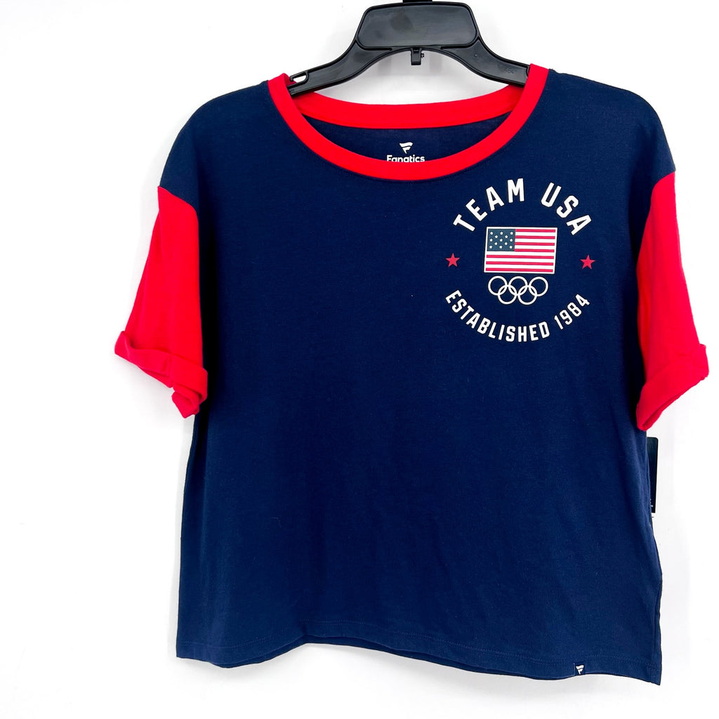 FANATICS Womens Team USA Circle Badge Cropped T-Shirt MEDIUM Navy Blue Red NWT