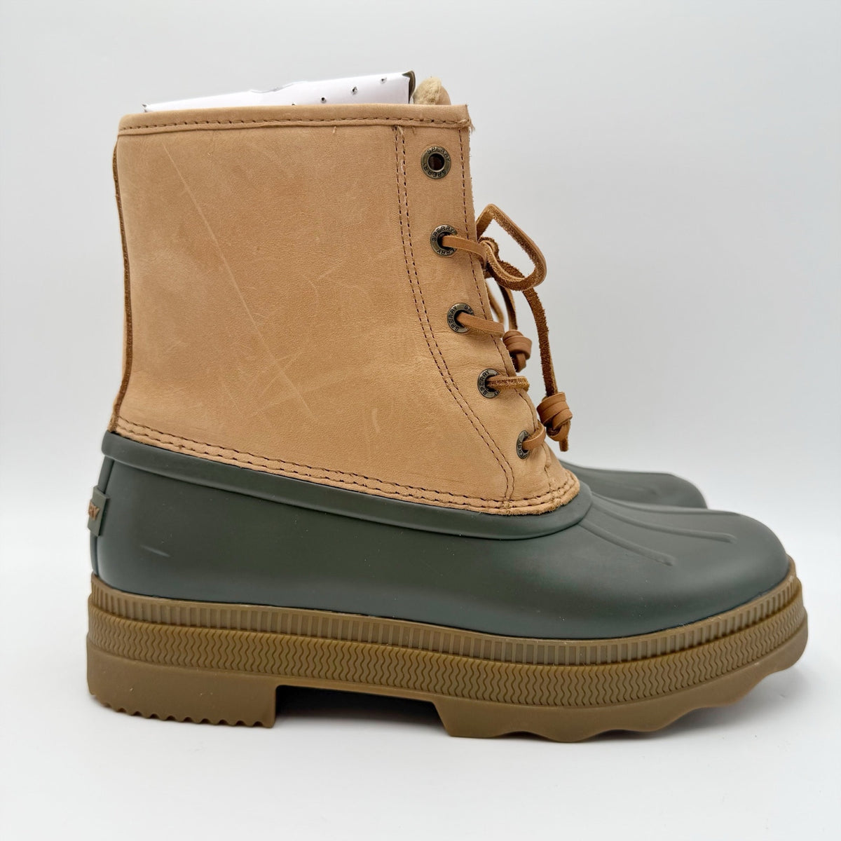 Sperry Womens Saltwater 2.0 Duck Boots Size 8 M Tan Green Leather Waterproof NIB