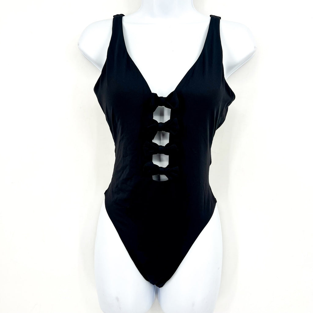 SEAFOLLY Women's Bow-Front One-Piece Swimsuit Size 8 Black High Leg NWT