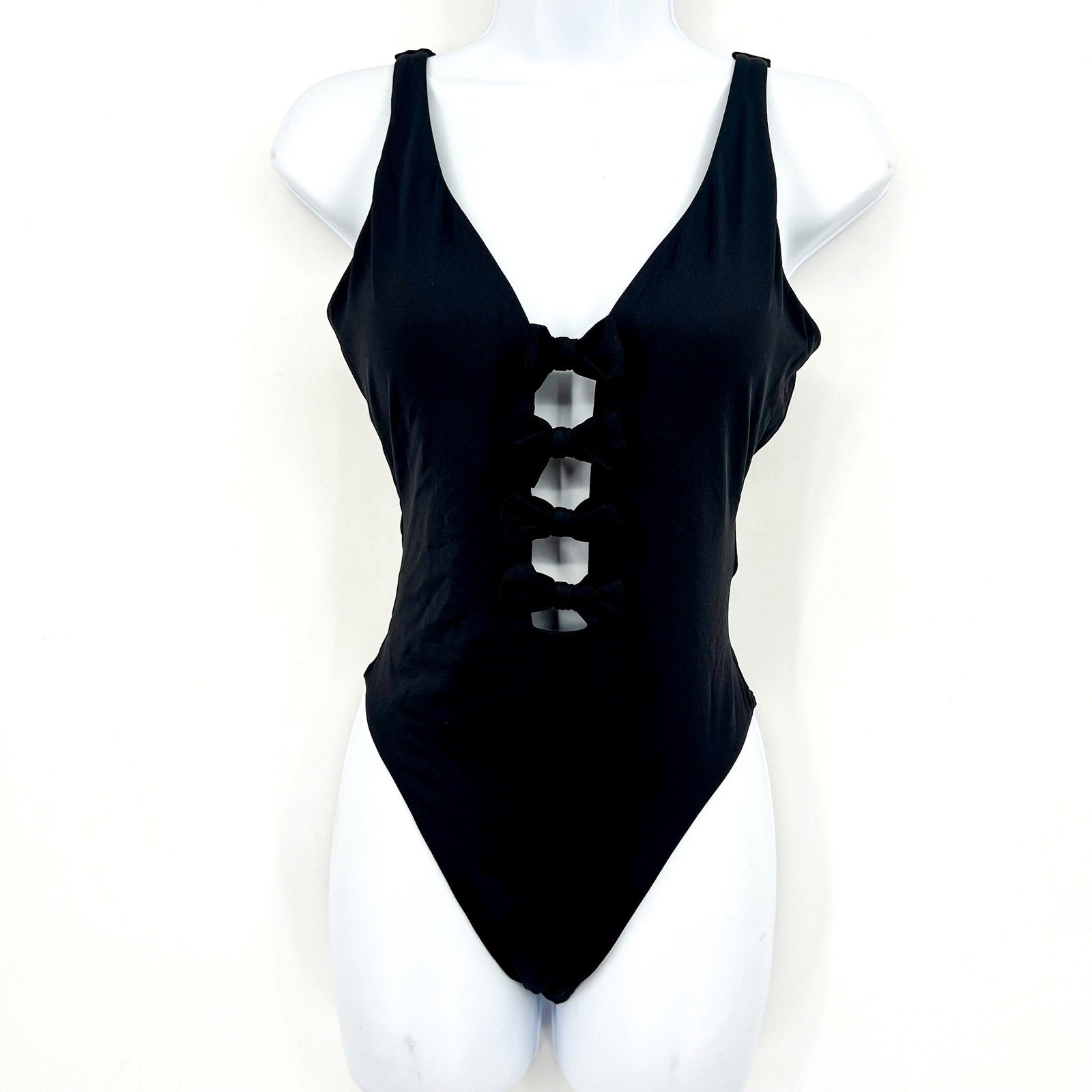 SEAFOLLY Women's Bow-Front One-Piece Swimsuit Size 8 Black High Leg NWT