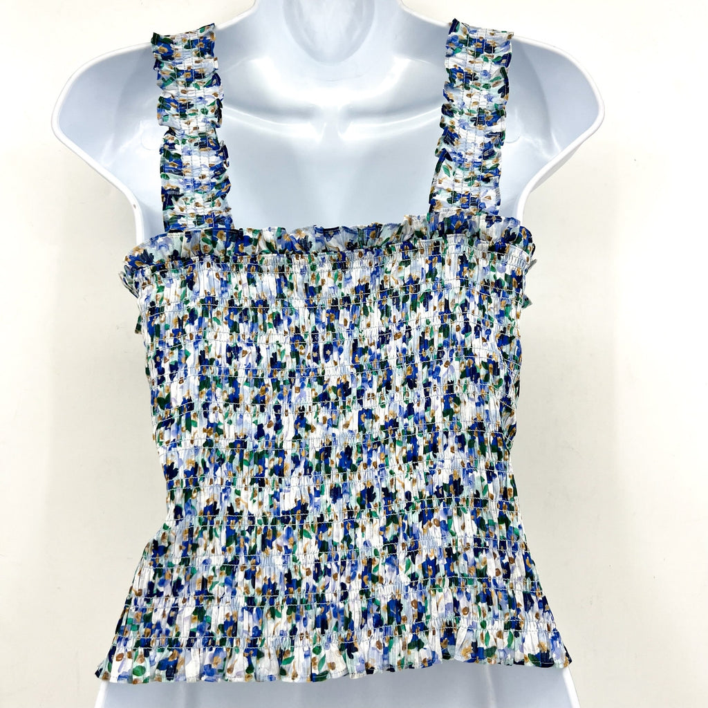 VERONICA BEARD Averie Smocked Tank Top Large Blue Cobalt Floral Print NWOT