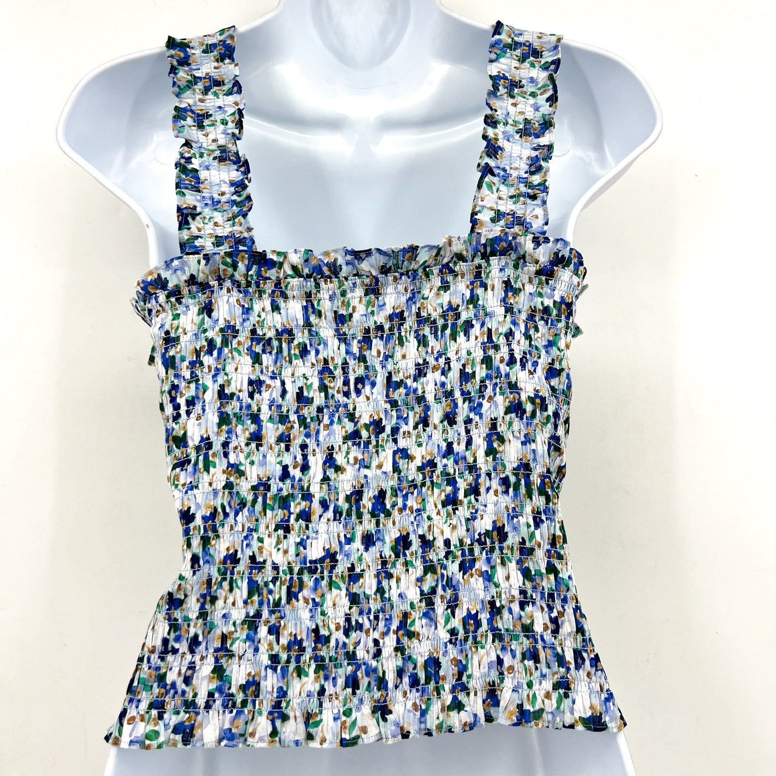VERONICA BEARD Averie Smocked Tank Top Large Blue Cobalt Floral Print NWOT