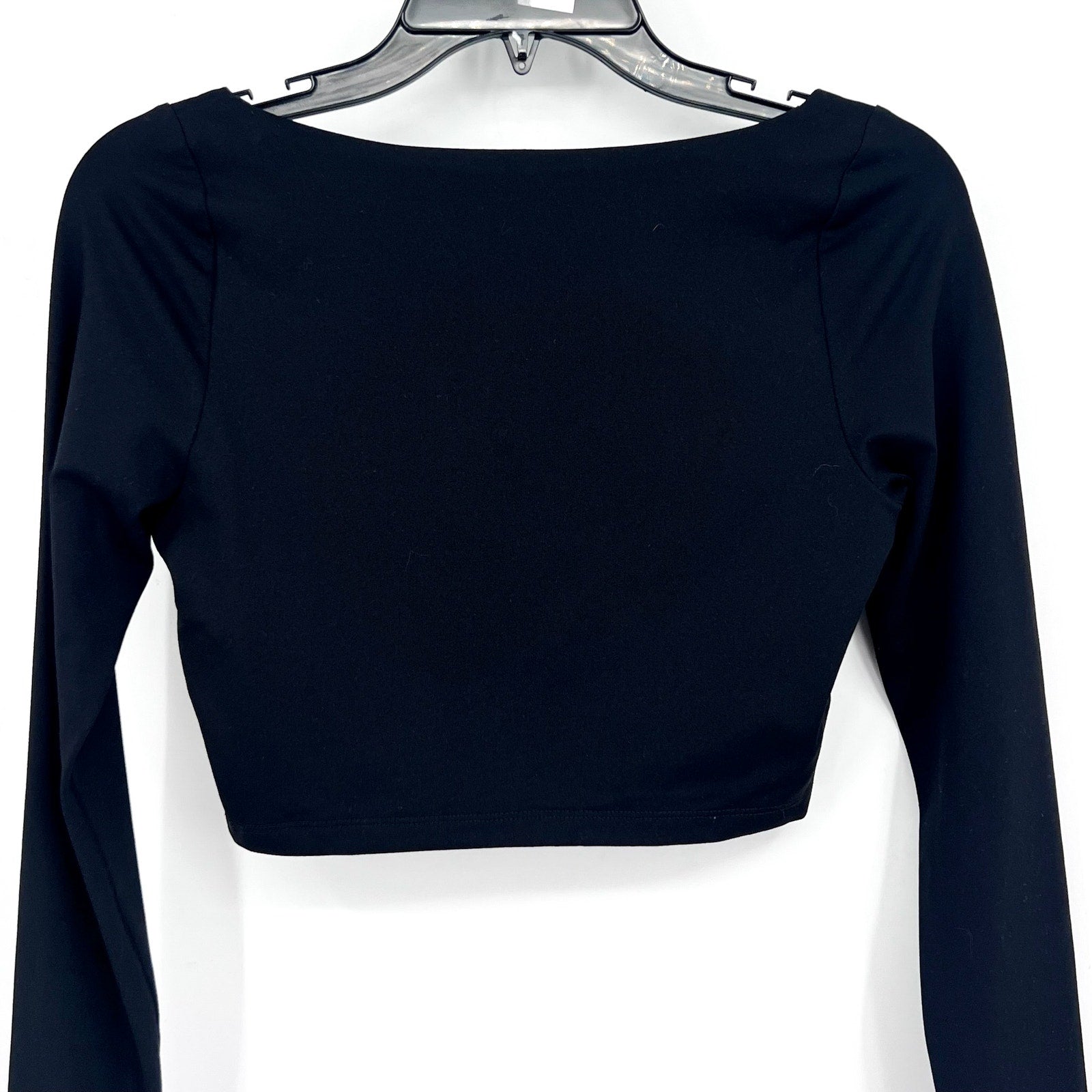 SUSAN MONACO Women's Crop Top Small Black Micro Square Neck Long Sleeve NWOT