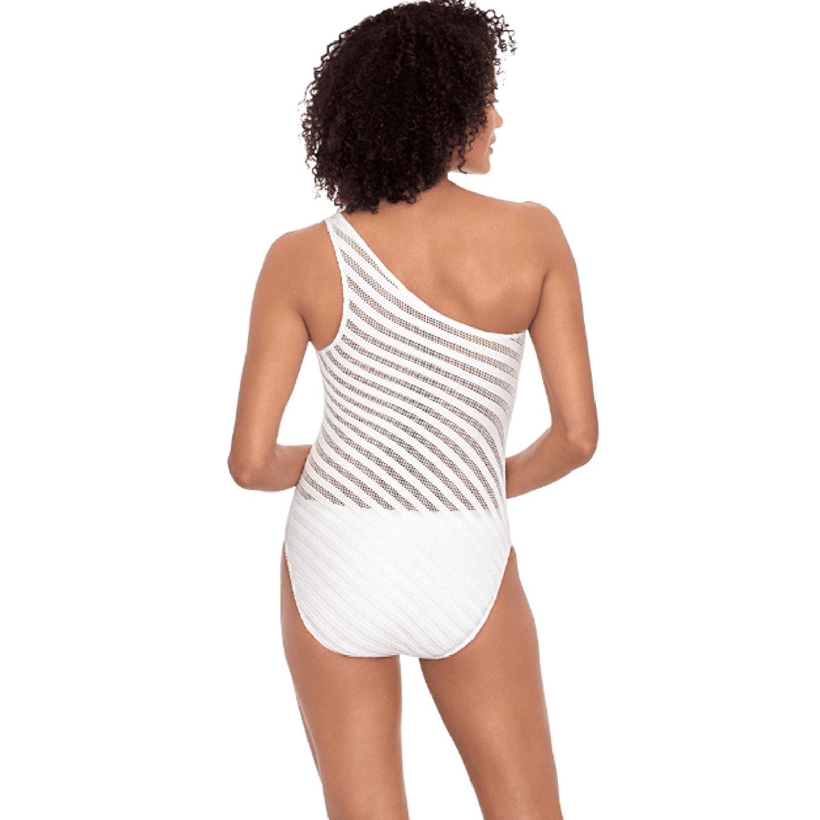 LAUREN RALPH LAUREN Ottoman Mesh One Shoulder One-Piece Swimsuit Sz 8 White NWT