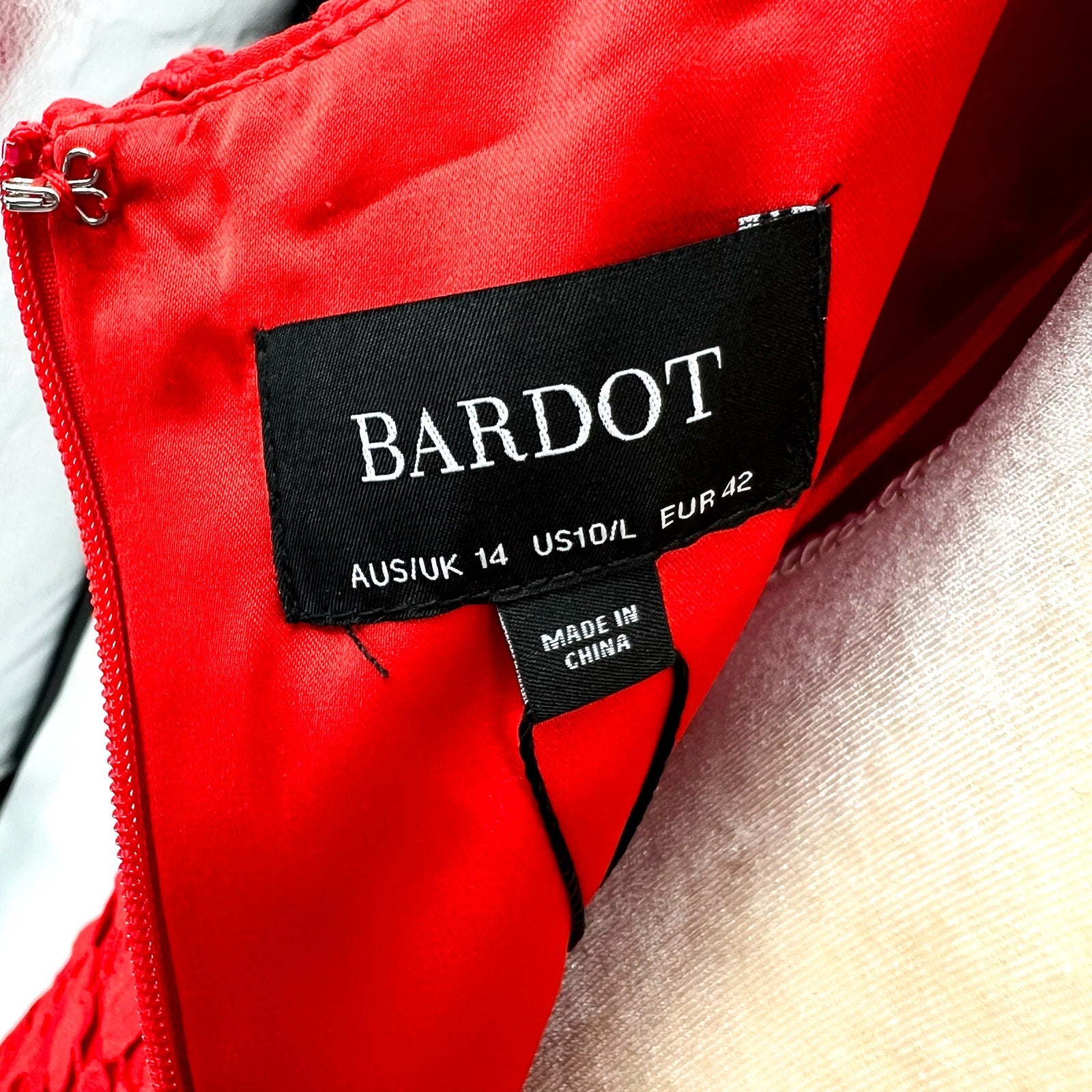 BARDOT Ariel Leaf Lace Midi Dress US 10 Large Lipstick Red Revolve NWT