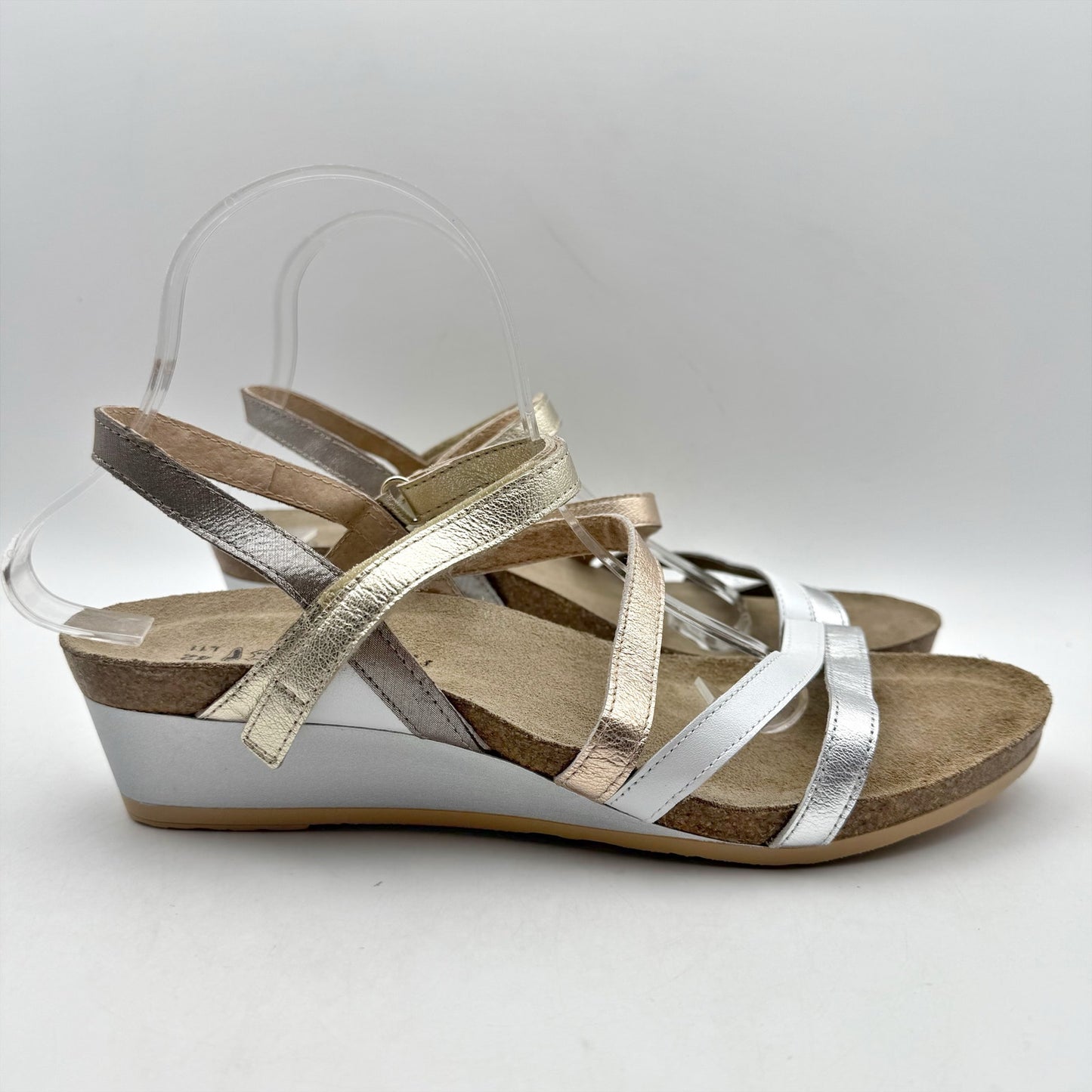 Naot Womens Hero Wedge Sandal US 11 EU 42 Silver Hook Loop Closure Leather NWOB