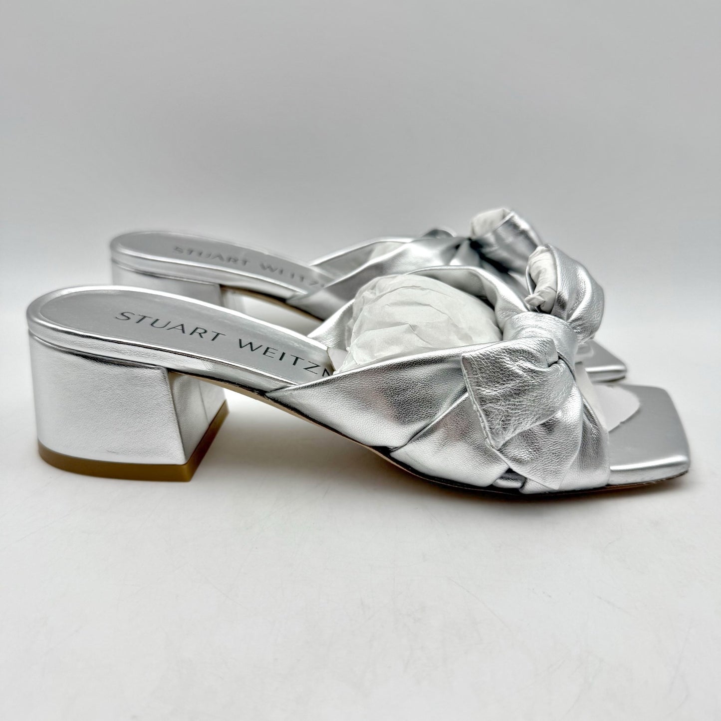 Stuart Weitzman Womens Sofia 45 Slide High Heels Size 6 Silver Leather Bow NIB