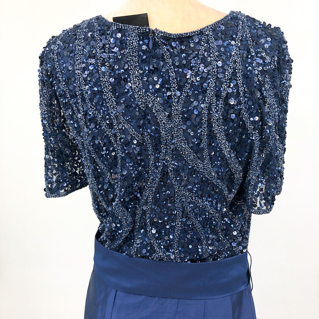 PISARRO NIGHTS Beaded Sequin Taffeta Skirt Gown 18W Navy Blue NWT