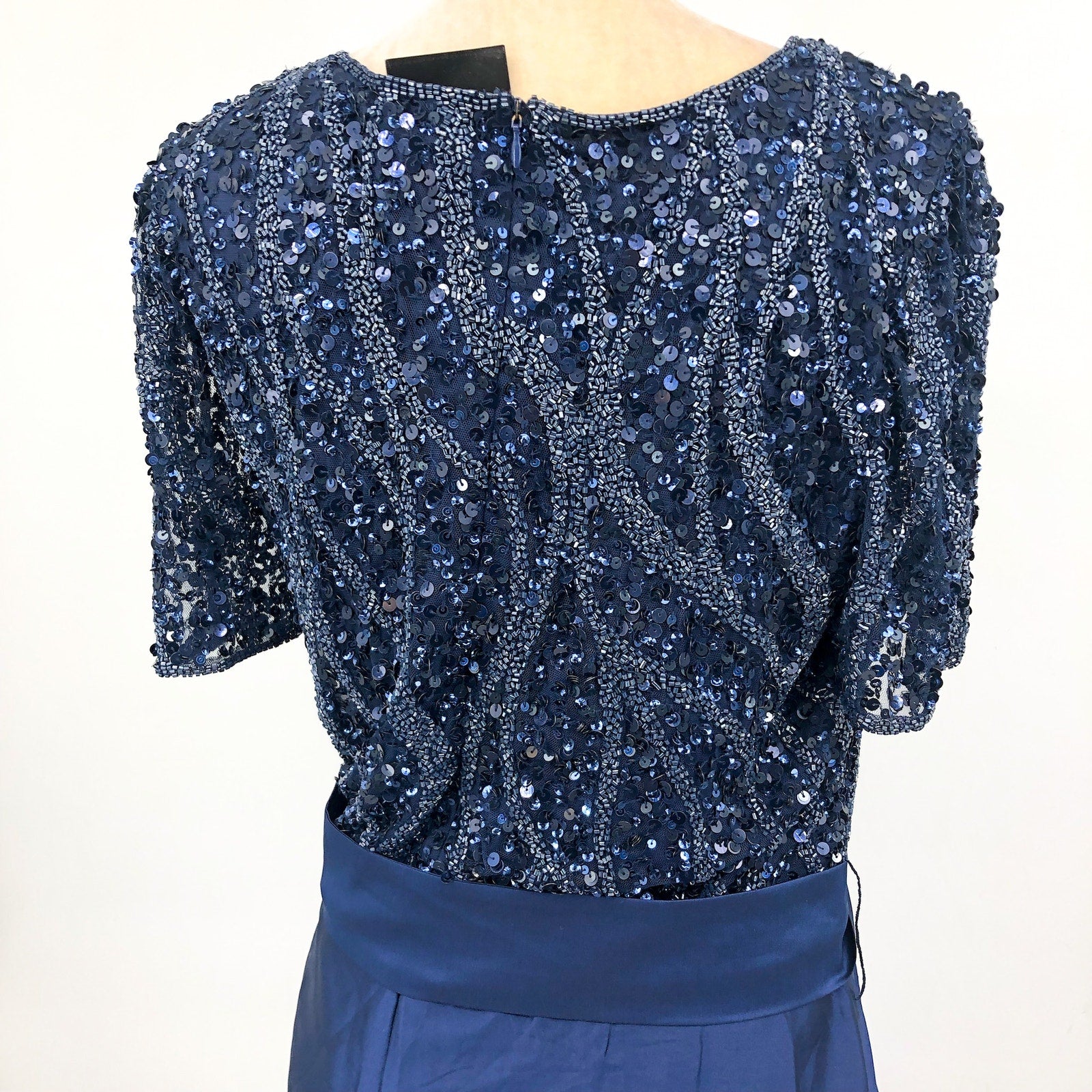 PISARRO NIGHTS Beaded Sequin Taffeta Skirt Gown 18W Navy Blue NWT