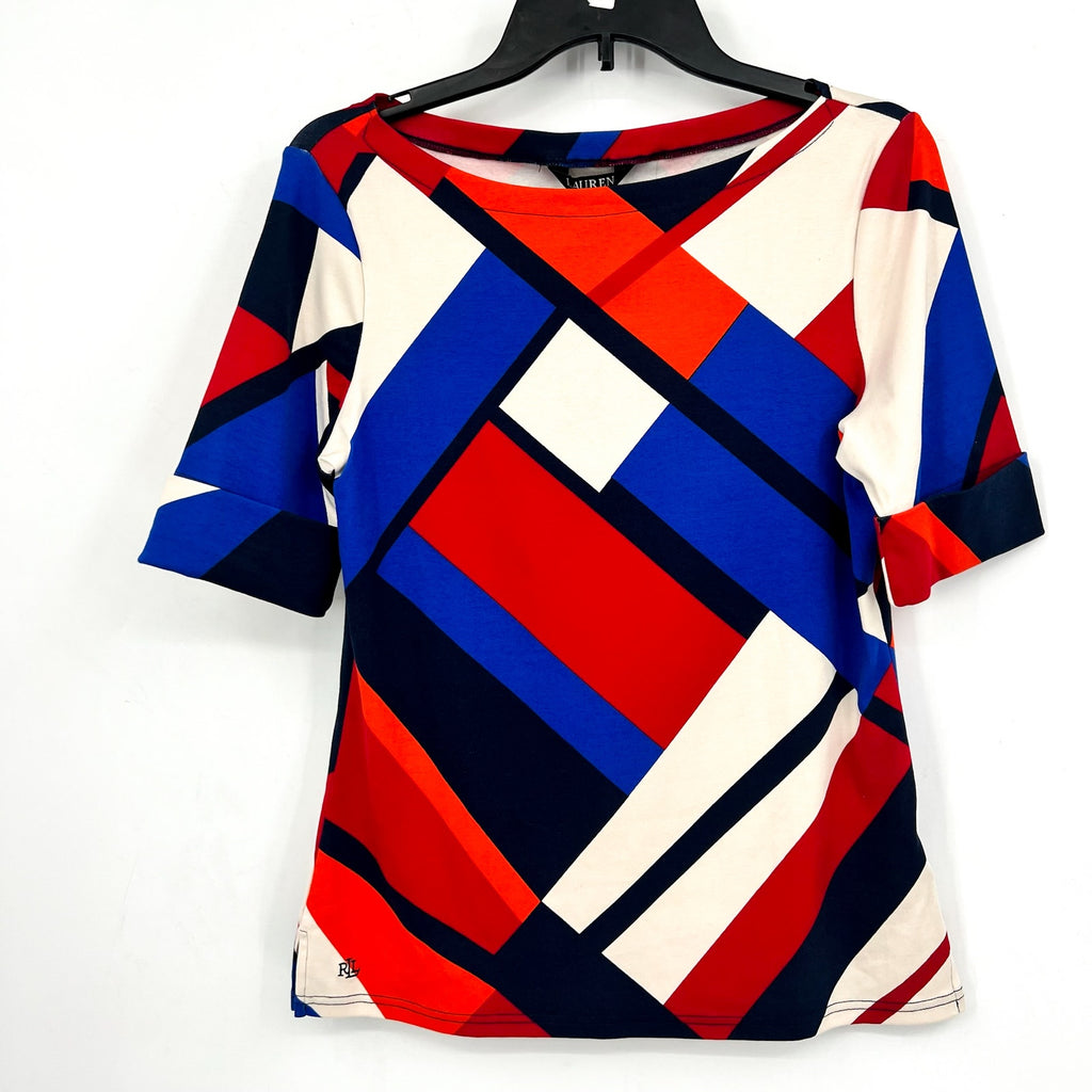 LAUREN RALPH LAUREN Judy Top Large Blue Red Geometric Mid-Sleeve NWT