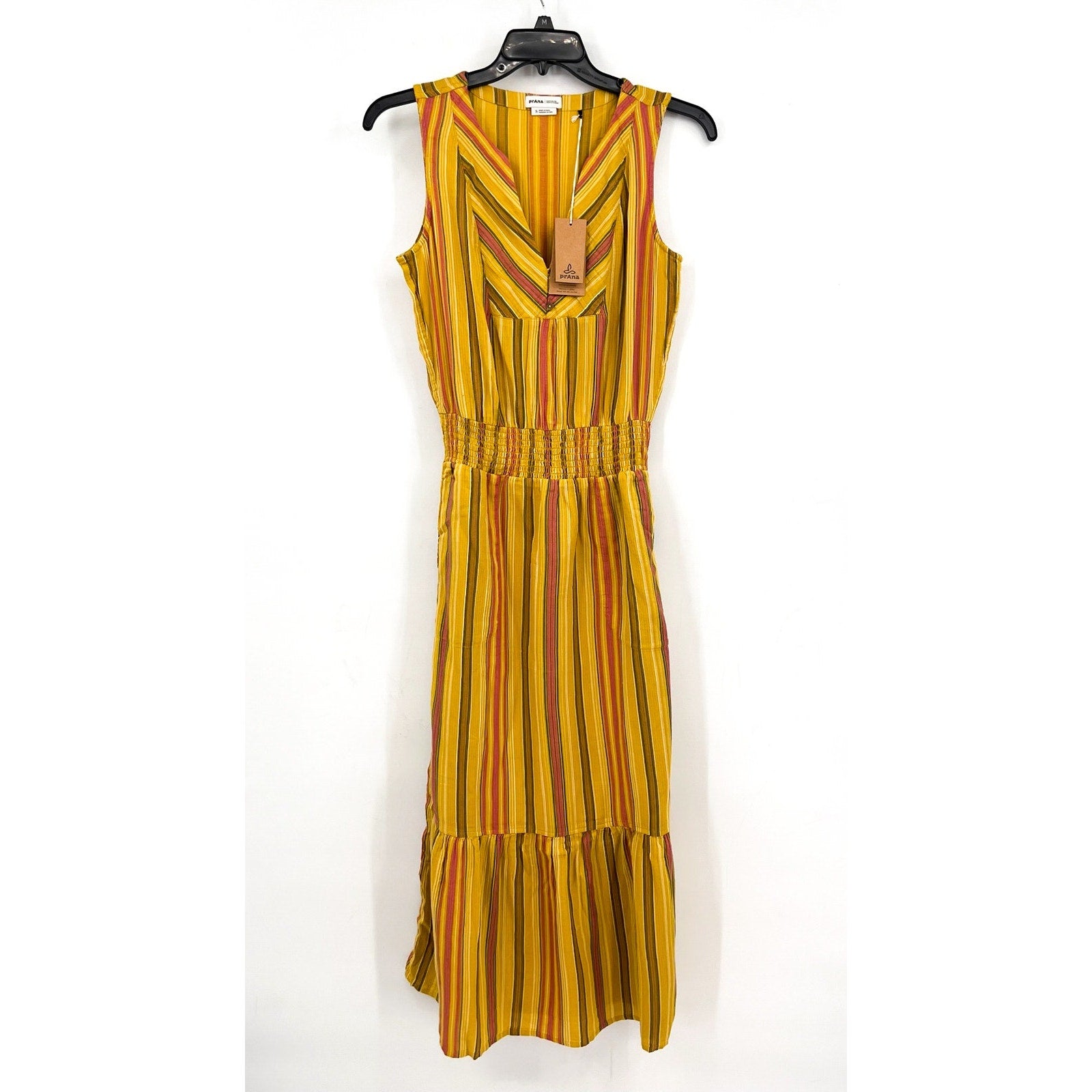 PRANA Womens California Dreaming Midi Dress Small Yellow Stripe Sleeveless NWT