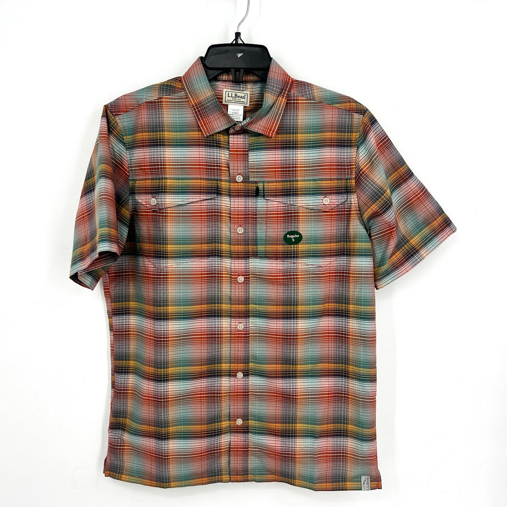 L.L. BEAN Mens Short-Sleeve Casual Shirt Small Red Green SunSmart Cool Weave NWT