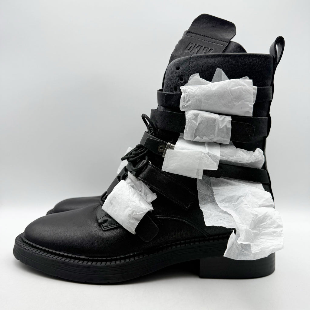 DKNY Womens Ita Buckled Combat Boots US 9.5 EU 40.5 Black Leather NIB