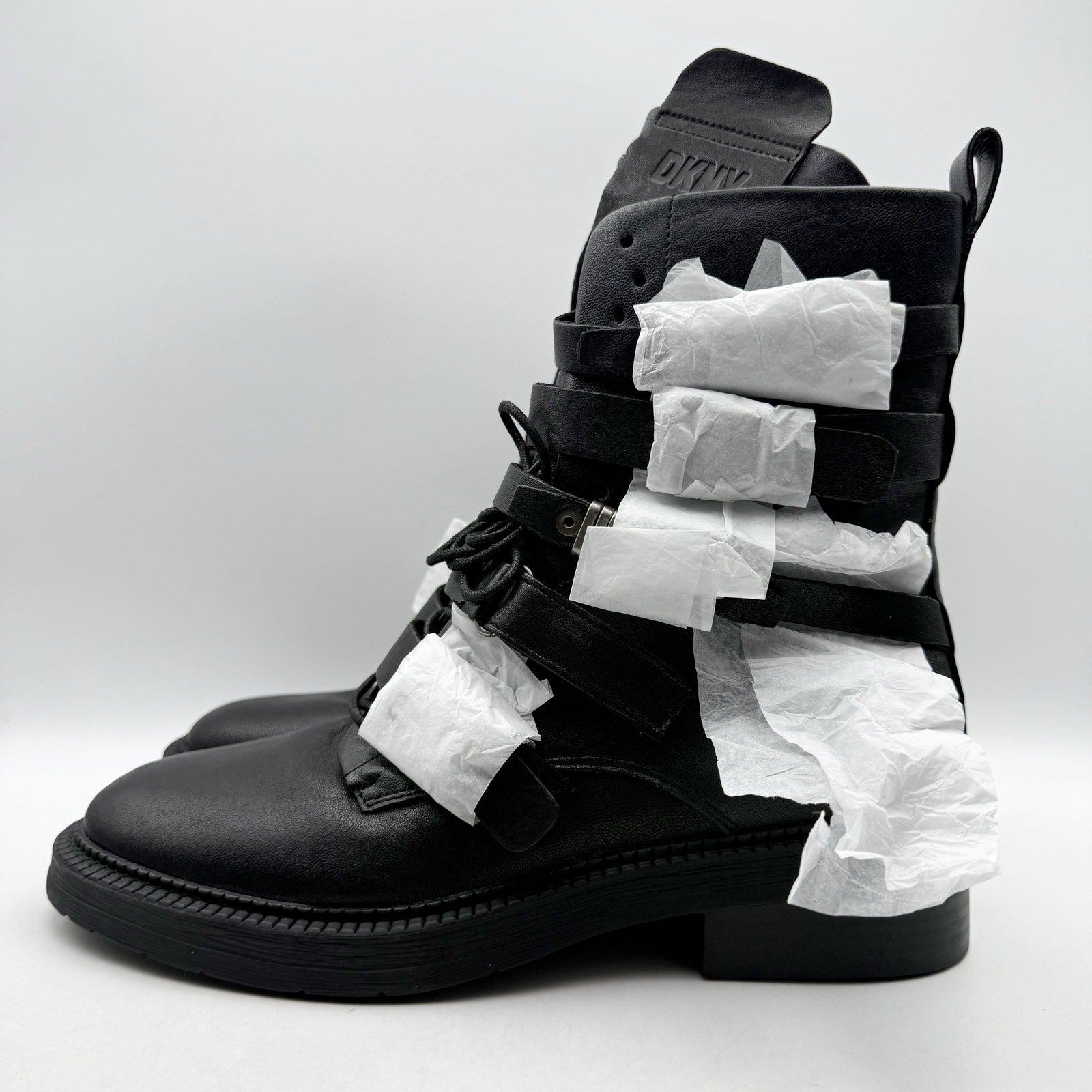 DKNY Womens Ita Buckled Combat Boots US 9.5 EU 40.5 Black Leather NIB