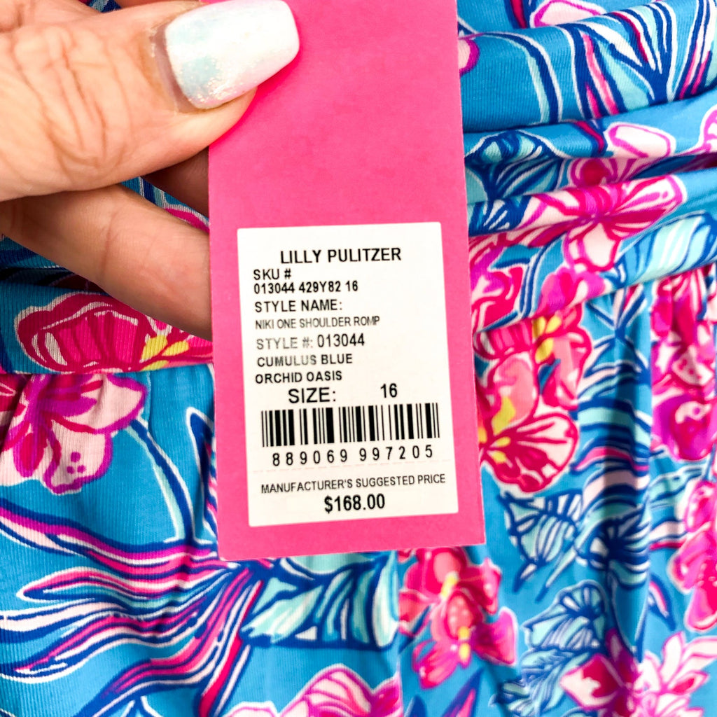 LILLY PULITZER Niki One Shoulder Romper Size 16 Cumulus Blue Orchid Oasis NWT