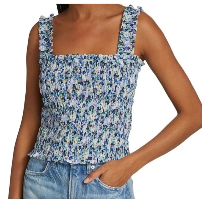 VERONICA BEARD Averie Smocked Tank Top Large Blue Cobalt Floral Print NWOT
