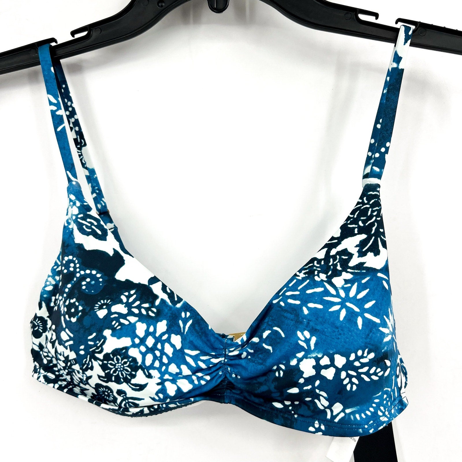 LAUREN RALPH LAUREN Patchwork Bikini Top Size 8 Blue Indigo Scoop Shirred NWT