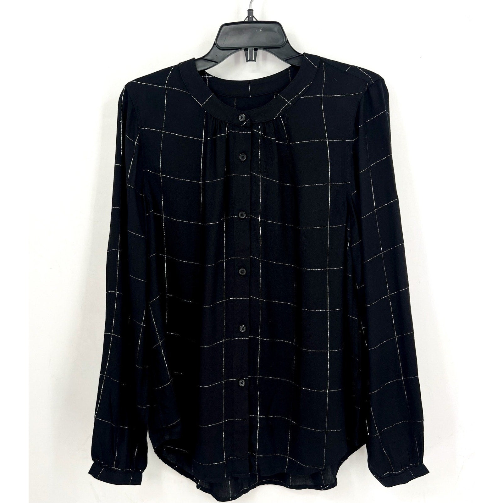 STITCH FIX- COSMIC BLUE LOVE- Womens Blouse Small Black Silver Windowpane LS NWT