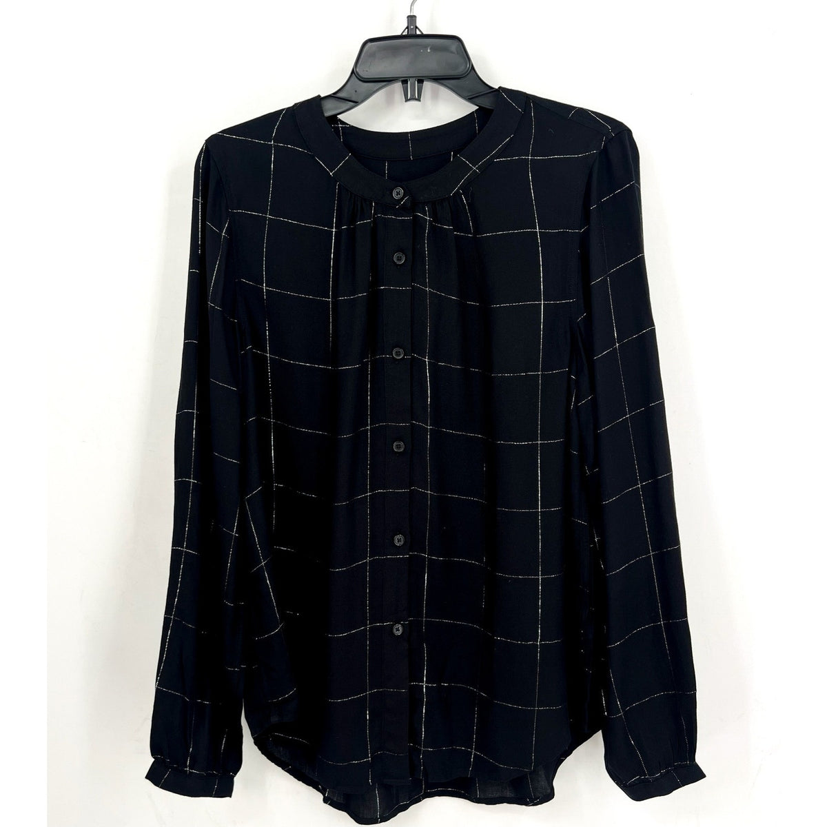 STITCH FIX- COSMIC BLUE LOVE- Womens Blouse Small Black Silver Windowpane LS NWT