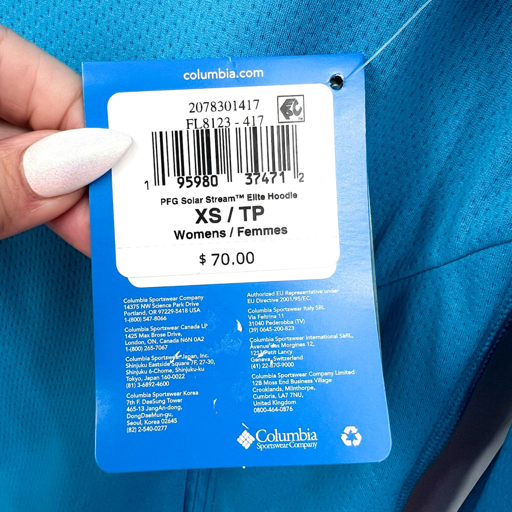 COLUMBIA Womens PFG Solar Stream Elite Hoodie XS Vivid Blue Long Sleeve NWT