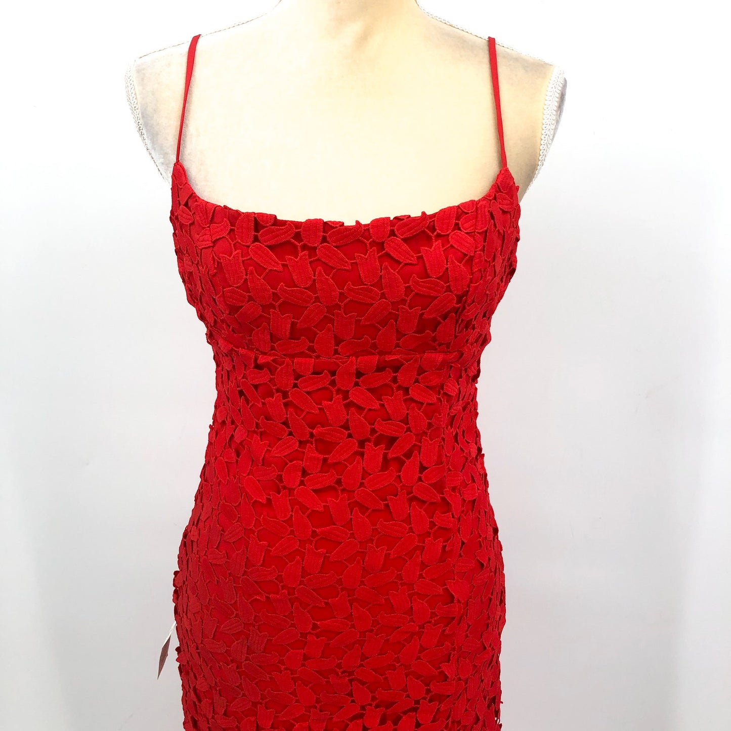 Bardot Ariel Leaf Lace Midi Dress US 6 Small Lipstick Red Spaghetti Straps NWT