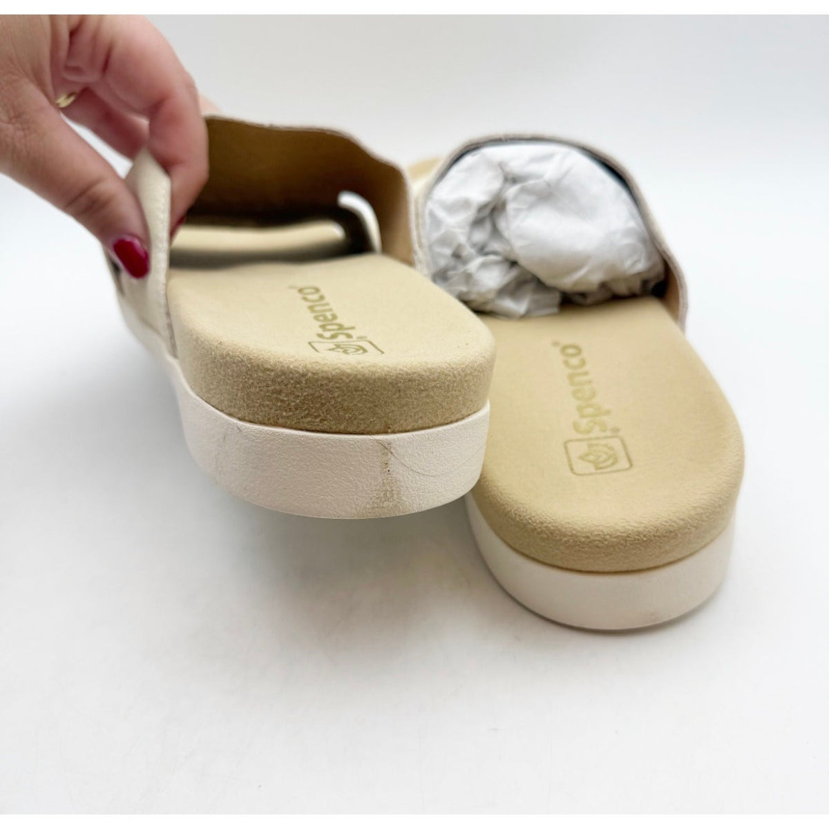 Spenco Womens Twilight Woven Slide Sandals 8.5 Wide Cream Almond Buff Tan NIB