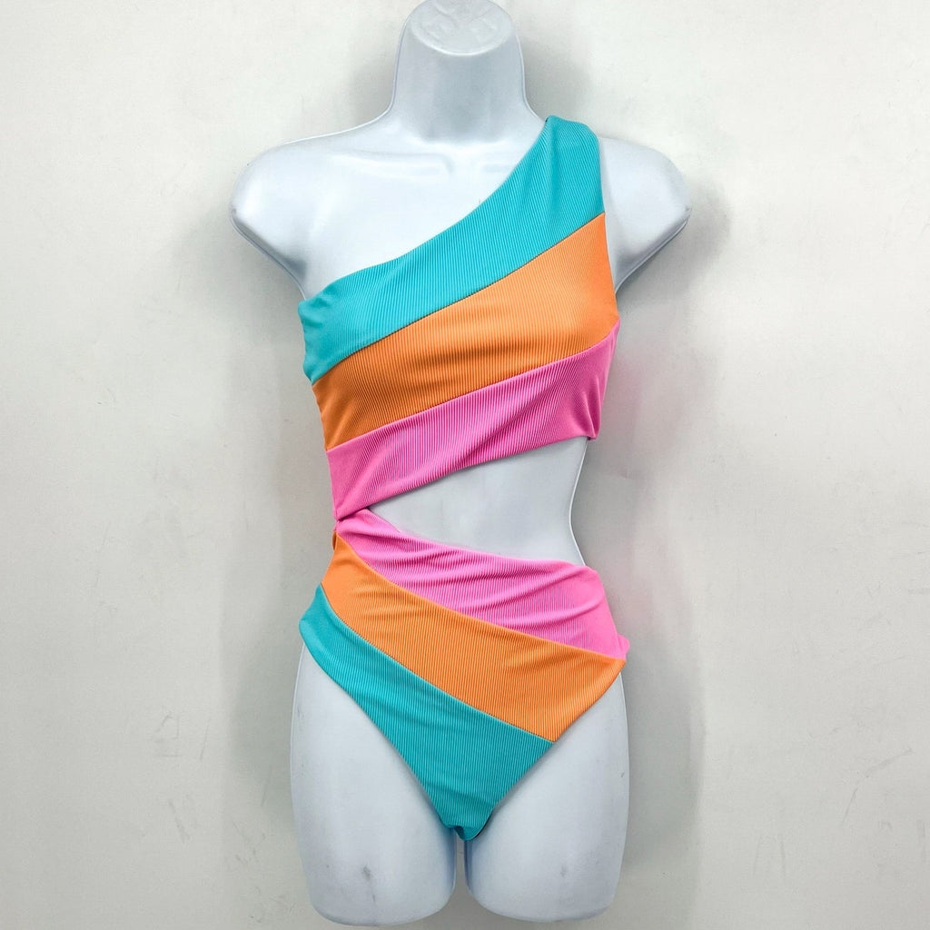 BEACH RIOT Joyce One Shoulder One Piece Swimsuit Small Pink Blue NWOT