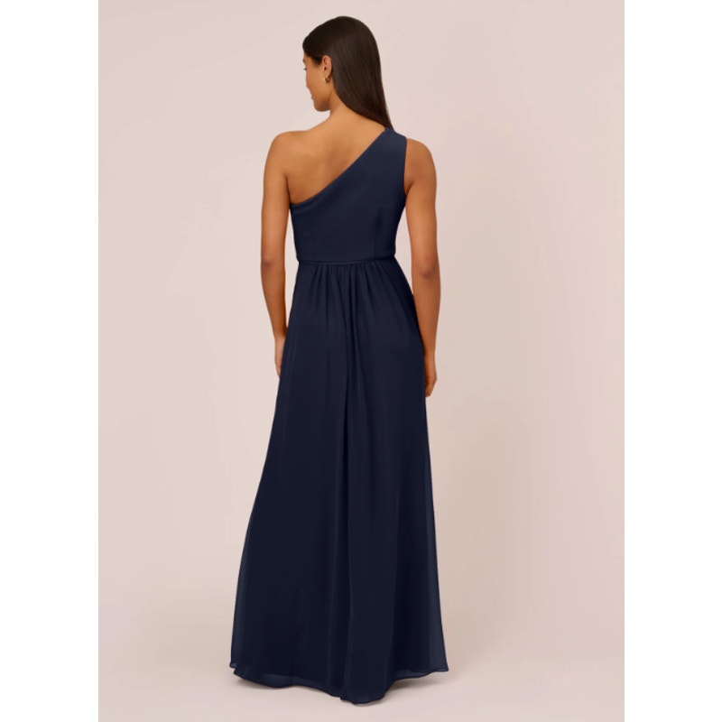 ADRIANNA PAPELL One-Shoulder Chiffon Long Gown Size 8 Midnight Blue Formal NWT