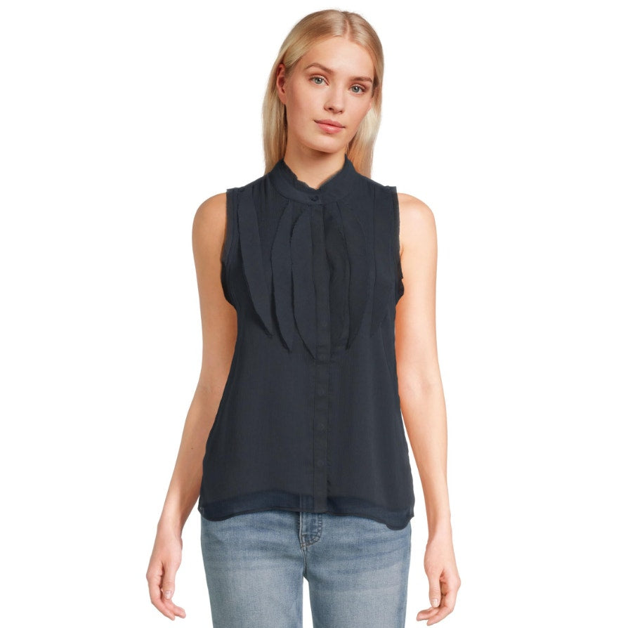 NIC + ZOE Women's Falling Chiffon Top Medium Navy Blue Sleeveless NWT