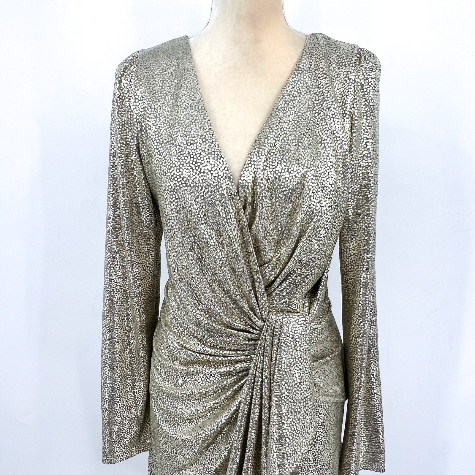 ADRIANNA PAPELL Metallic Foil Faux Wrap Dress Size 16 Light Gold Cocktail NWT
