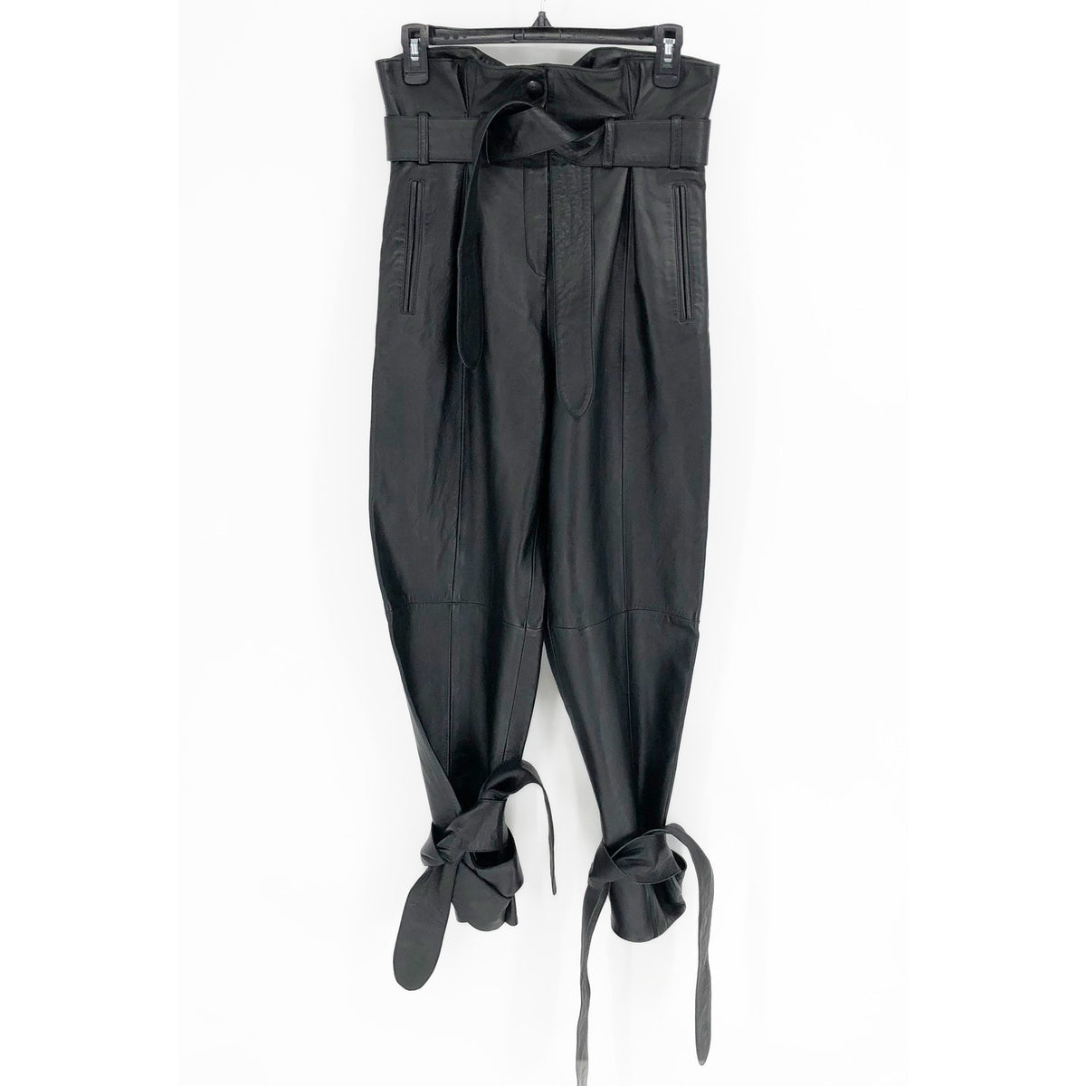 ATTICO Women's Leather Paper Bag Pants IT 40 US Small Black Tie Cuff Belted NWT