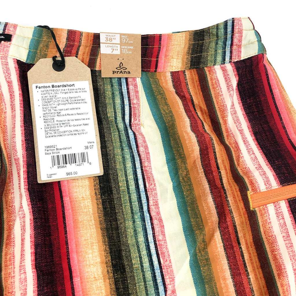 PRANA Mens Fenton Board Shorts Size 38 XL Multi Baja Stripe 7" Inseam UPF 50 NWT