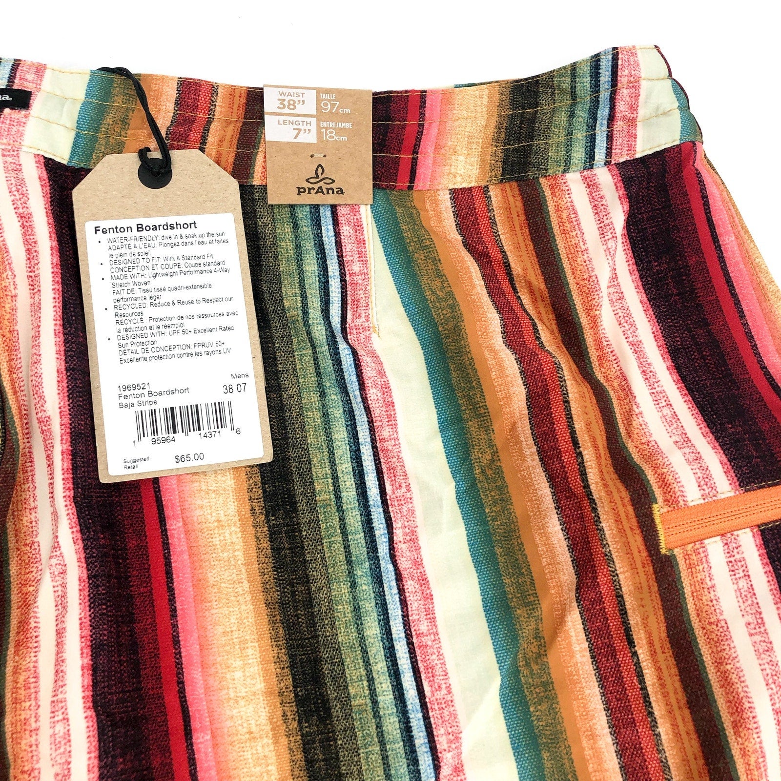 PRANA Mens Fenton Board Shorts Size 38 XL Multi Baja Stripe 7" Inseam UPF 50 NWT