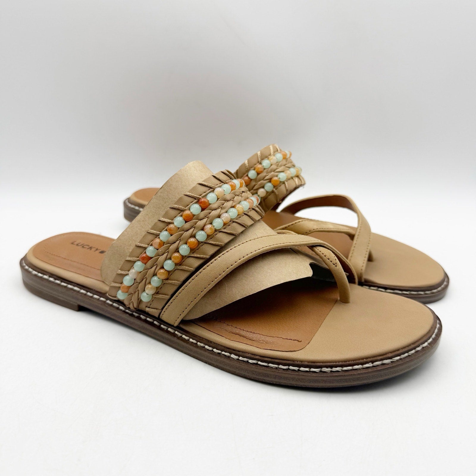 Lucky Brand Womens Kaykey Sandals US 8.5 M Light Beige Leather NWOB