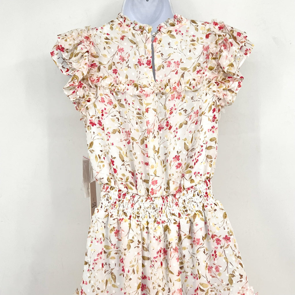 CECE Women's Short Ruffle Front Dress XS White Pink Peony Floral Print NWT