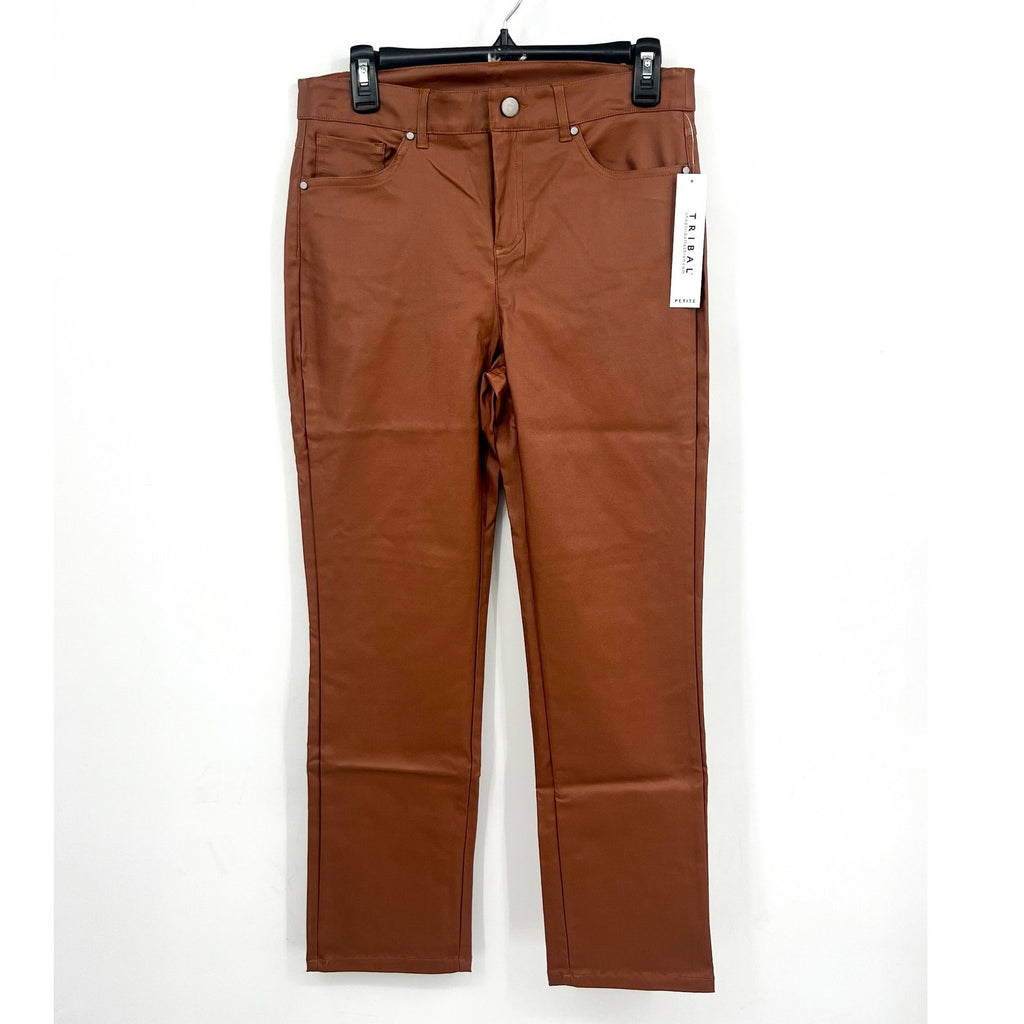 TRIBAL Womens Vegan Leather Pants Size 6 PETITE Brown Walnut Straight Leg NWT