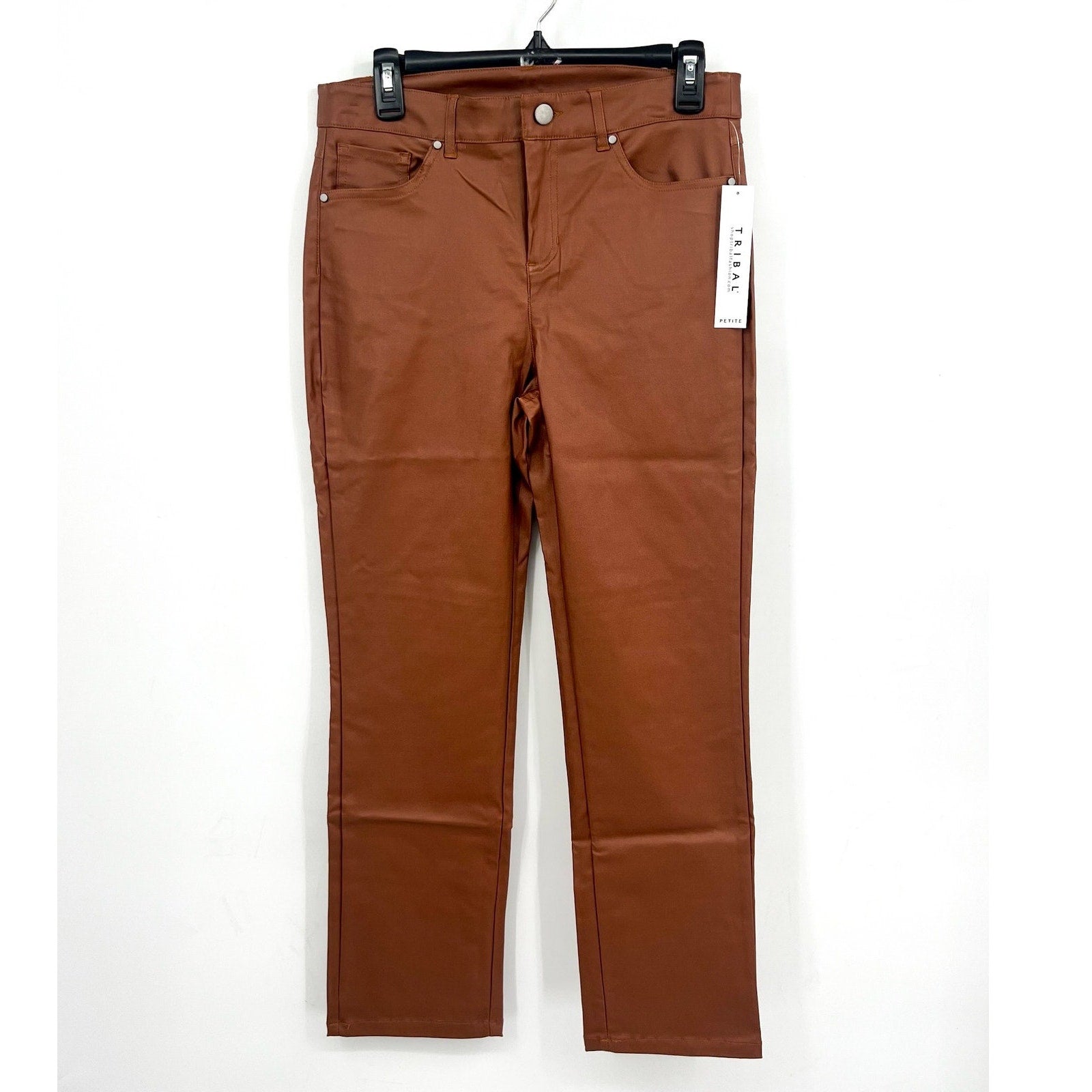 TRIBAL Womens Vegan Leather Pants Size 6 PETITE Brown Walnut Straight Leg NWT