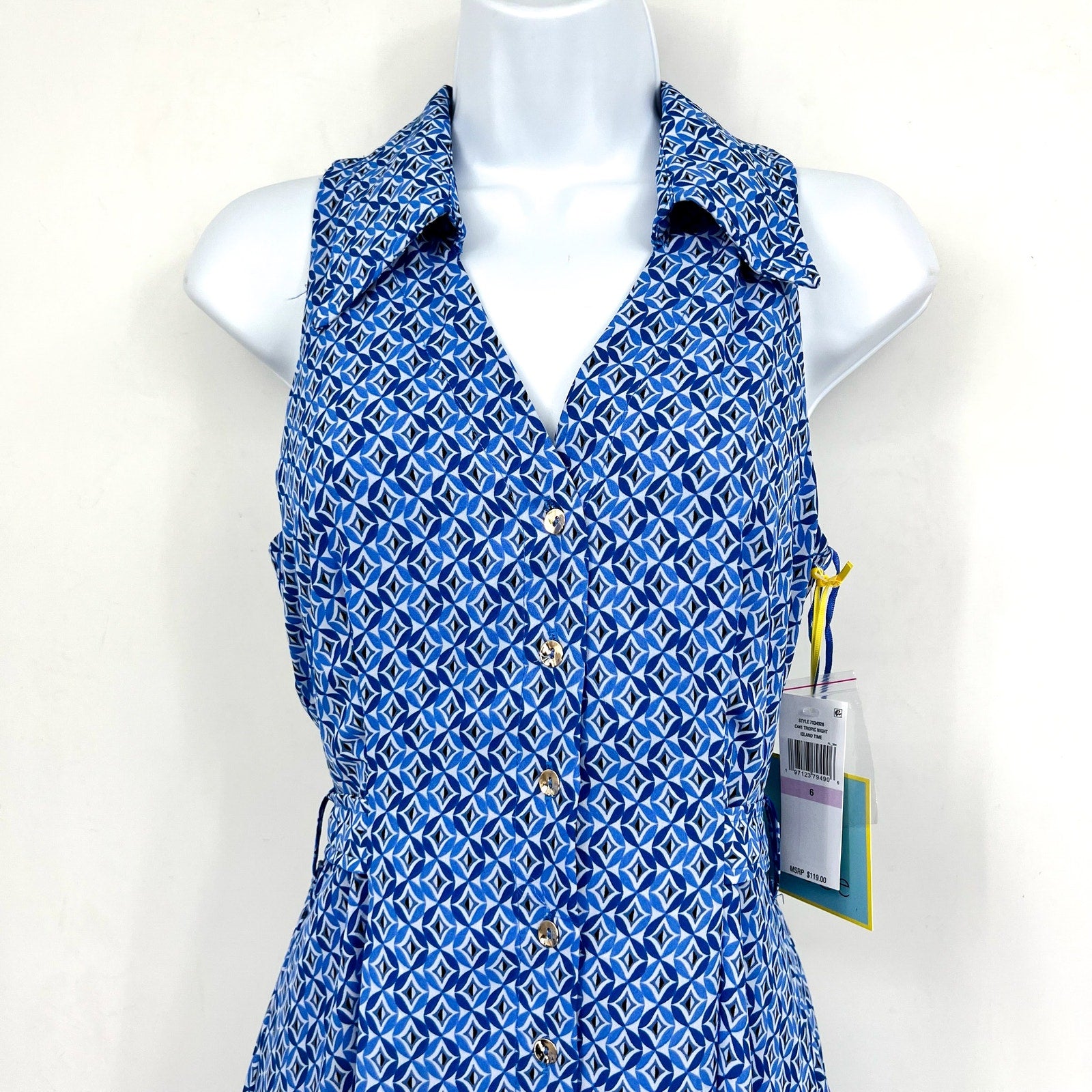 CECE Midi Shirt Dress Size 6 Blue Print Sleeveless V-Neck Belted Waist NWT