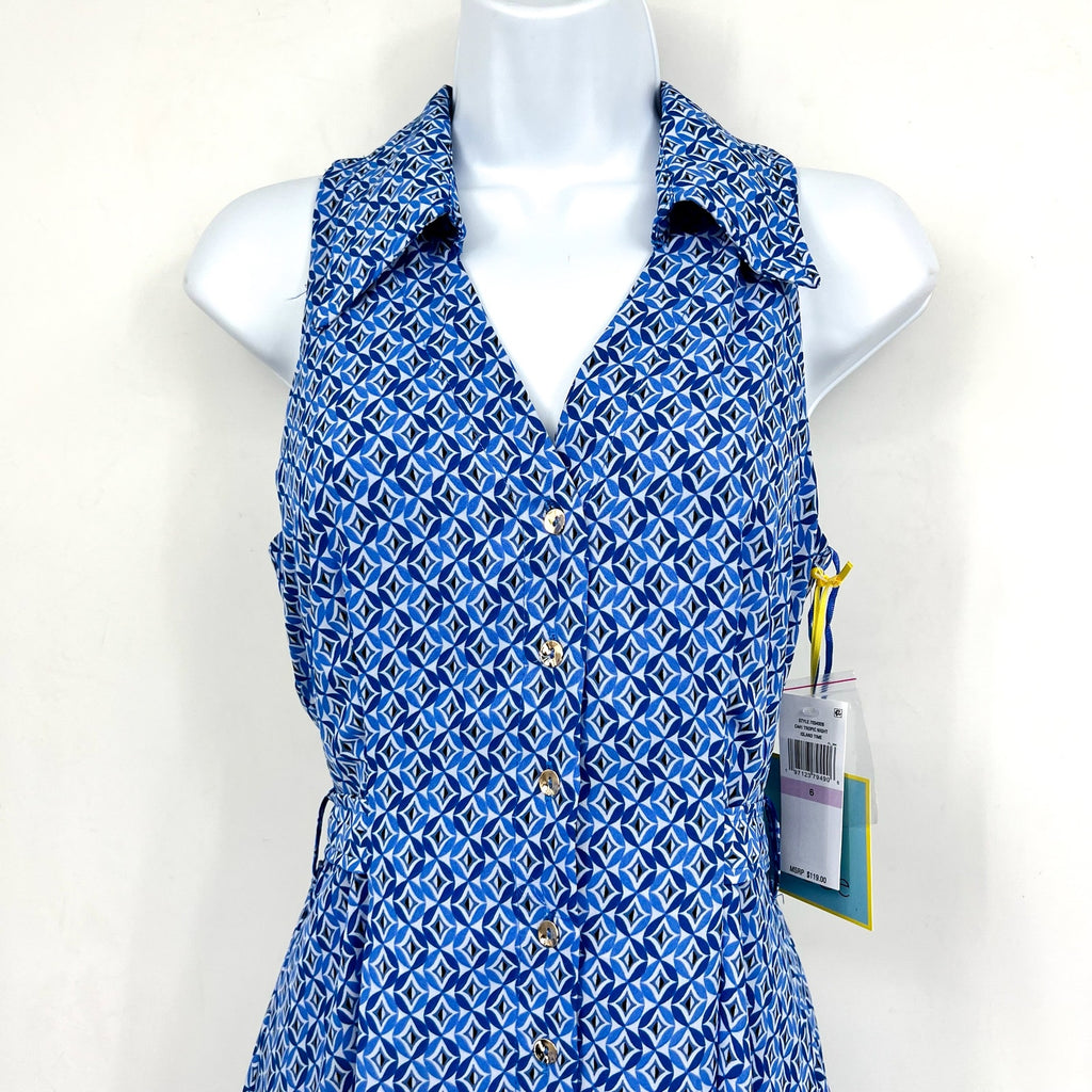 CECE Midi Shirt Dress Size 6 Blue Print Sleeveless V-Neck Belted Waist NWT