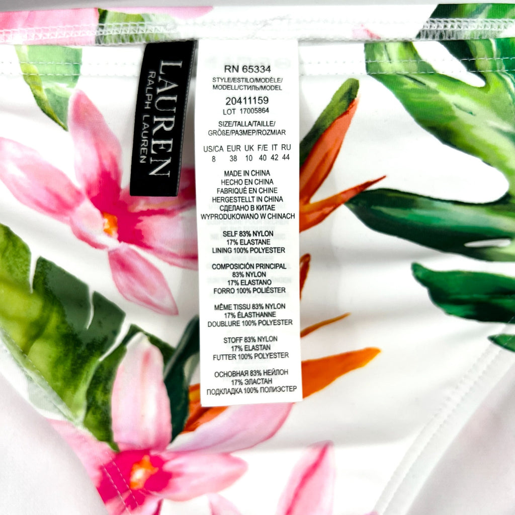 LAUREN RALPH LAUREN Hipster Bikini Bottom Size 8 White Pink Floral Side-Tie NWT